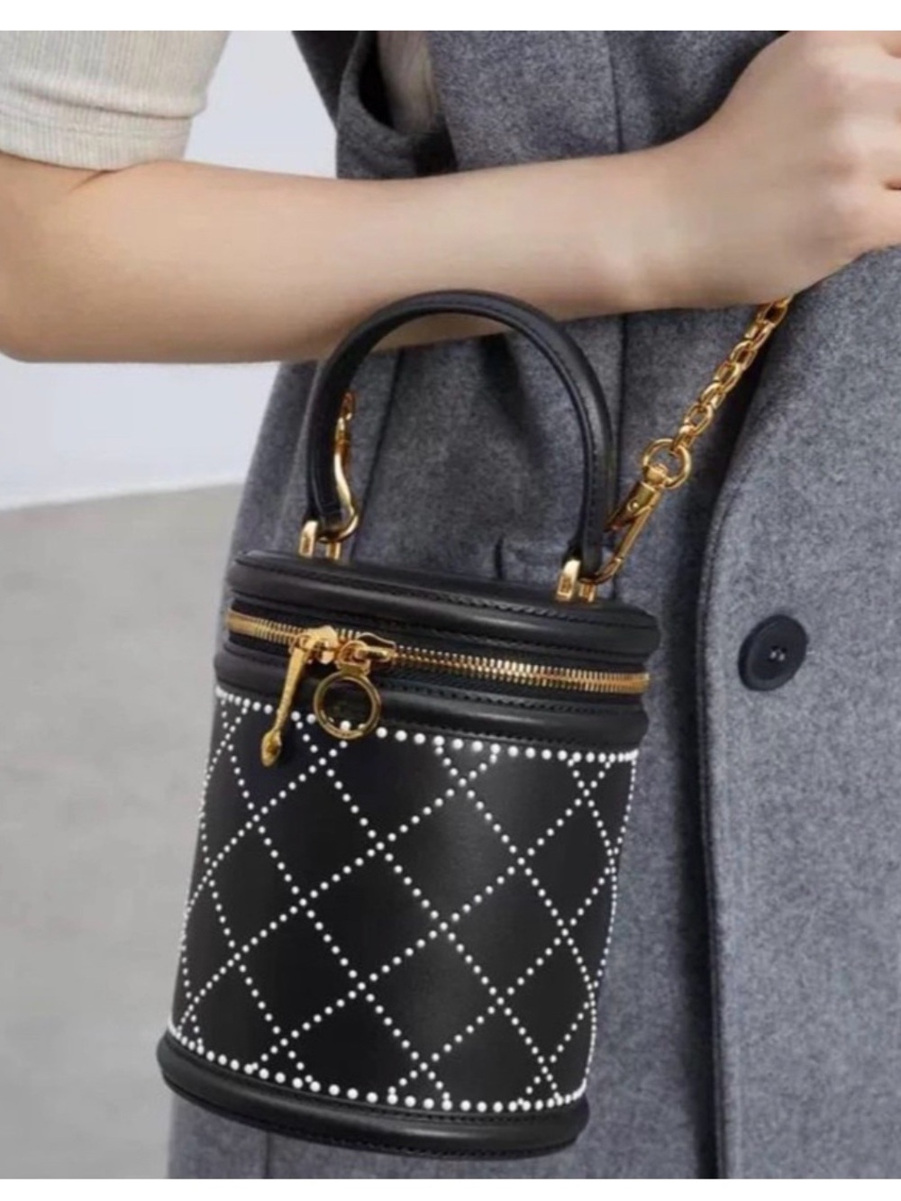Charles and Keith Black Studded Cylinder Handbag with Gold Hardware